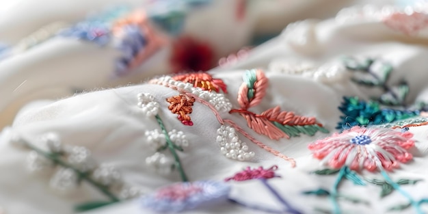 Kolorowe ręcznie wyszywane motywy na lnianej tkaninie